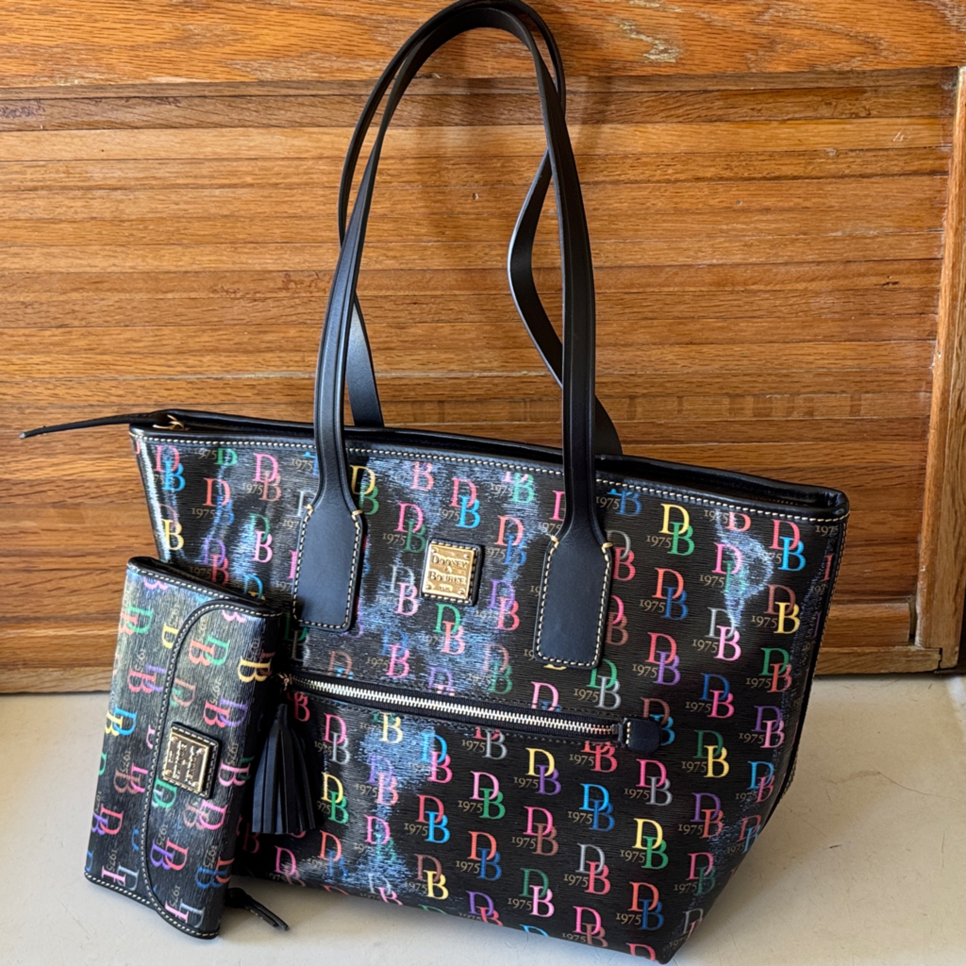 Dooney & Bourke Black Tote With Colorful Logo Pattern